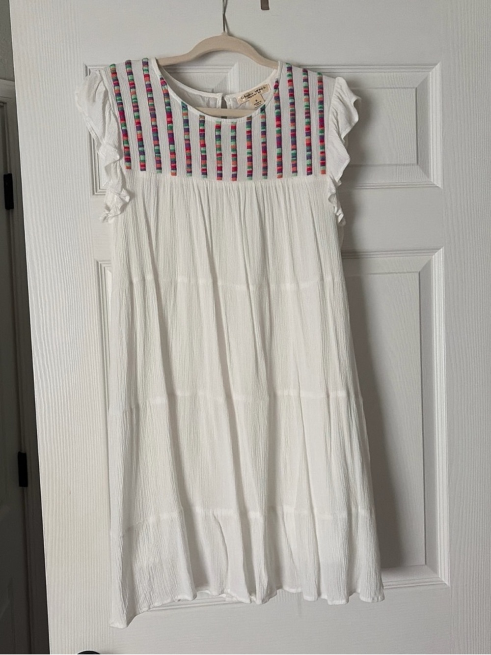Studio West White Dress with Multicolor Striped Yoke